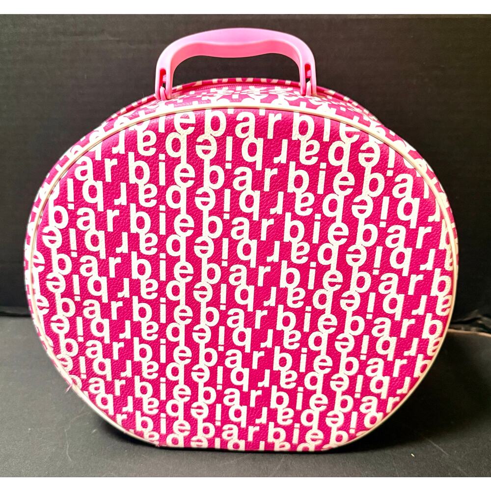 BARBIE Pink Round Vinyl Overnight Travel Case Mirror Zippered Used 2003 Mattel